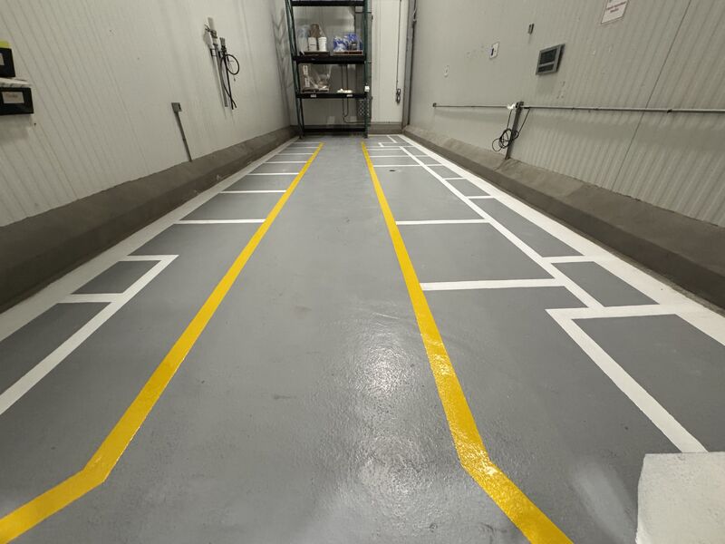 5S floor marking lines integrated into SaniCrete resinous flooring at a food processing facility