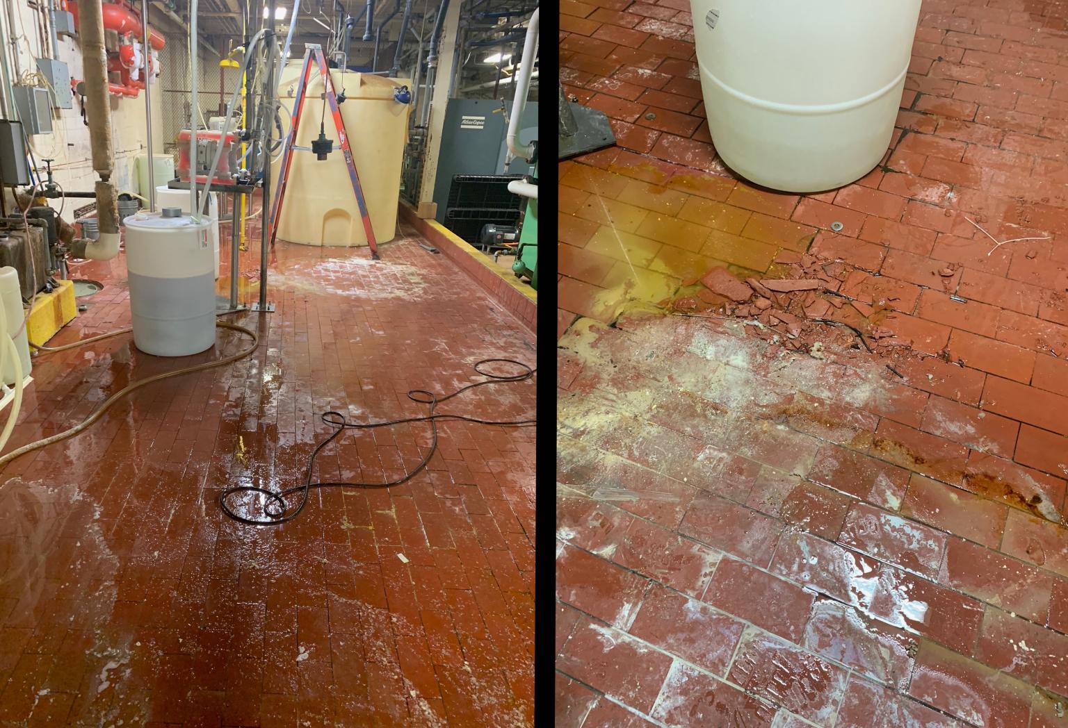 Eroded brick floor in chemical storage area with chemical staining and deterioration around storage tanks