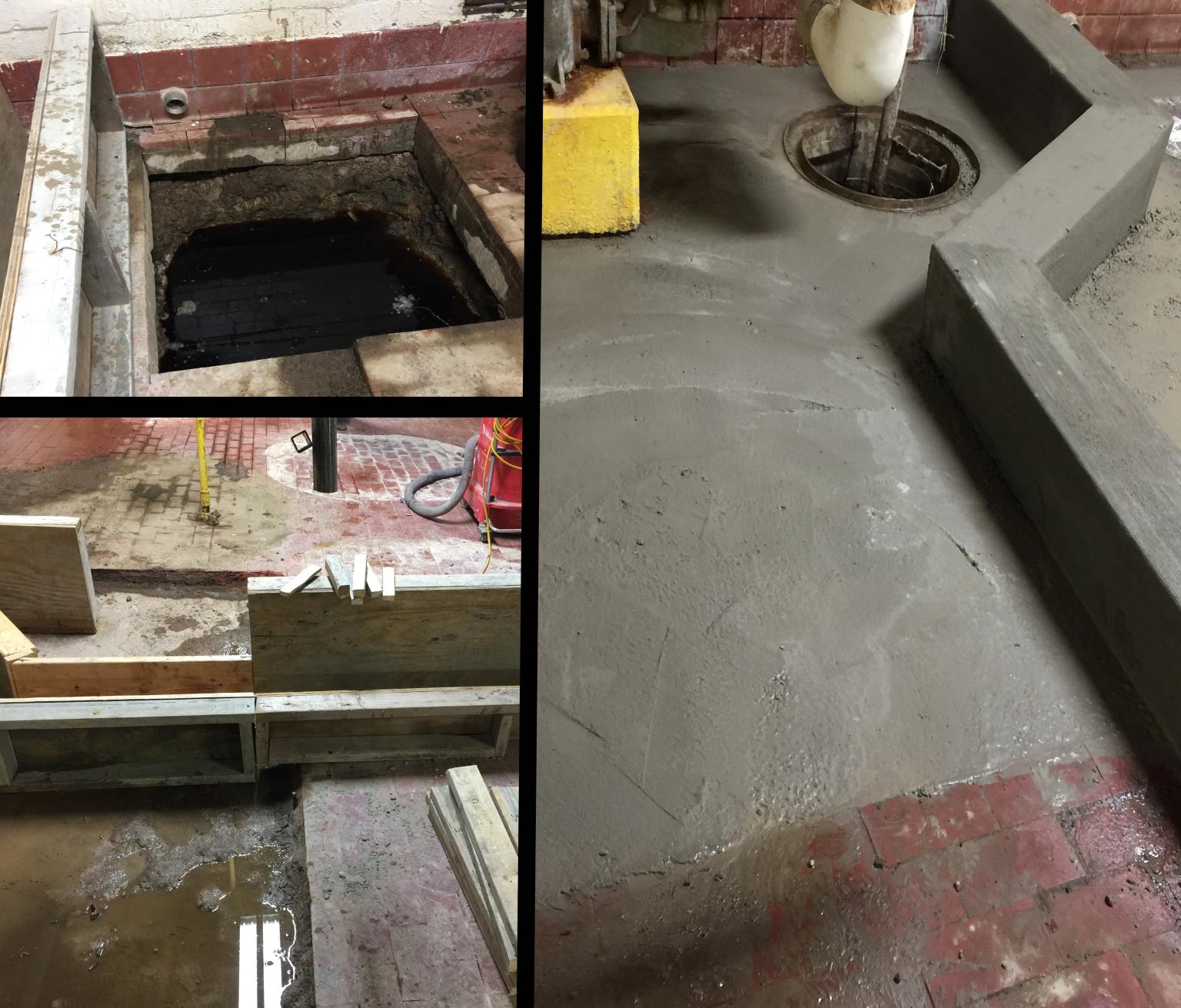 New below-grade collection sump and SaniBulk polymer concrete containment curb being installed in chemical storage area