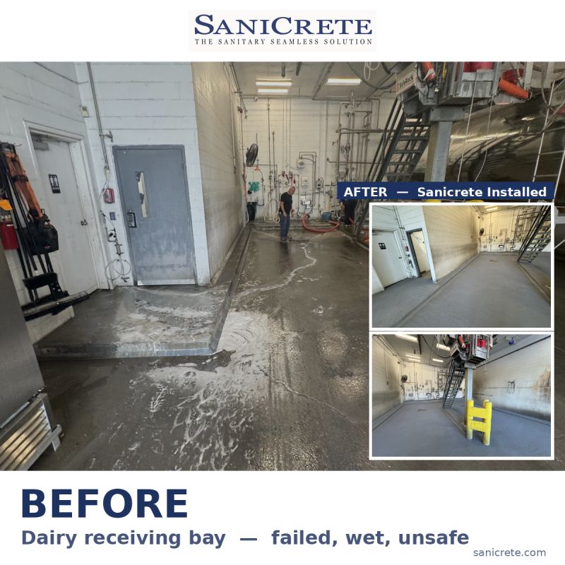 SaniCrete flooring work in a dairy receiving bay completed during a one-night shutdown