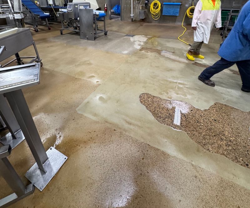 Peeling floor coating and standing wash water in a food production room