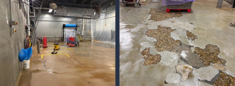 Food plant floor with a failed patch and exposed aggregate near a drain