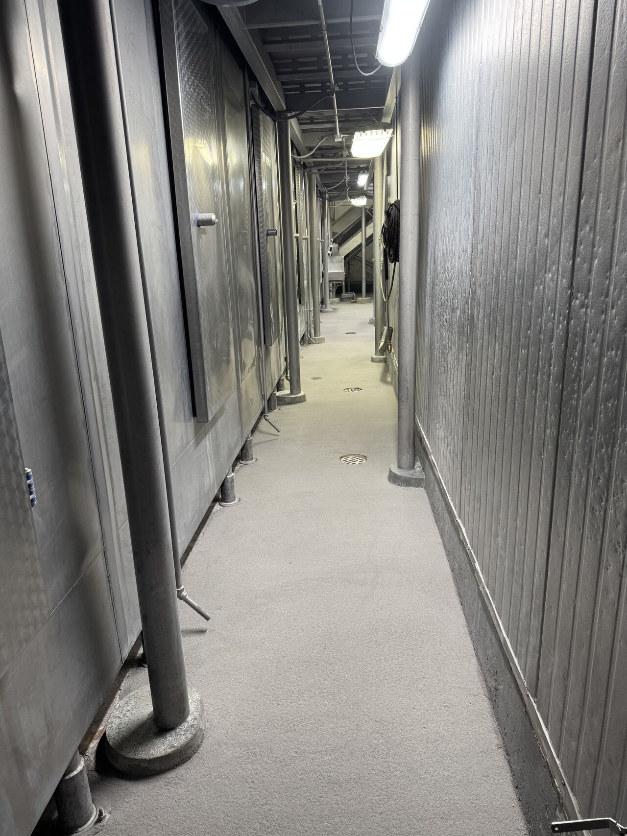 Completed SaniCrete STX floor in narrow processing hallway with floor drains