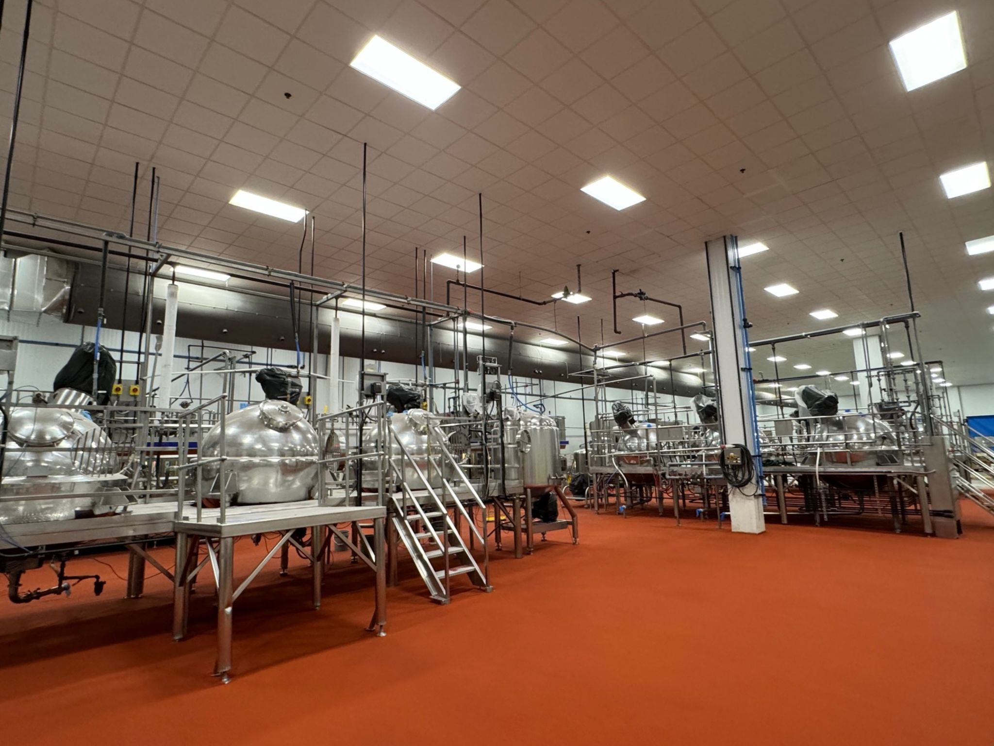 Completed seamless red floor in large food processing production room