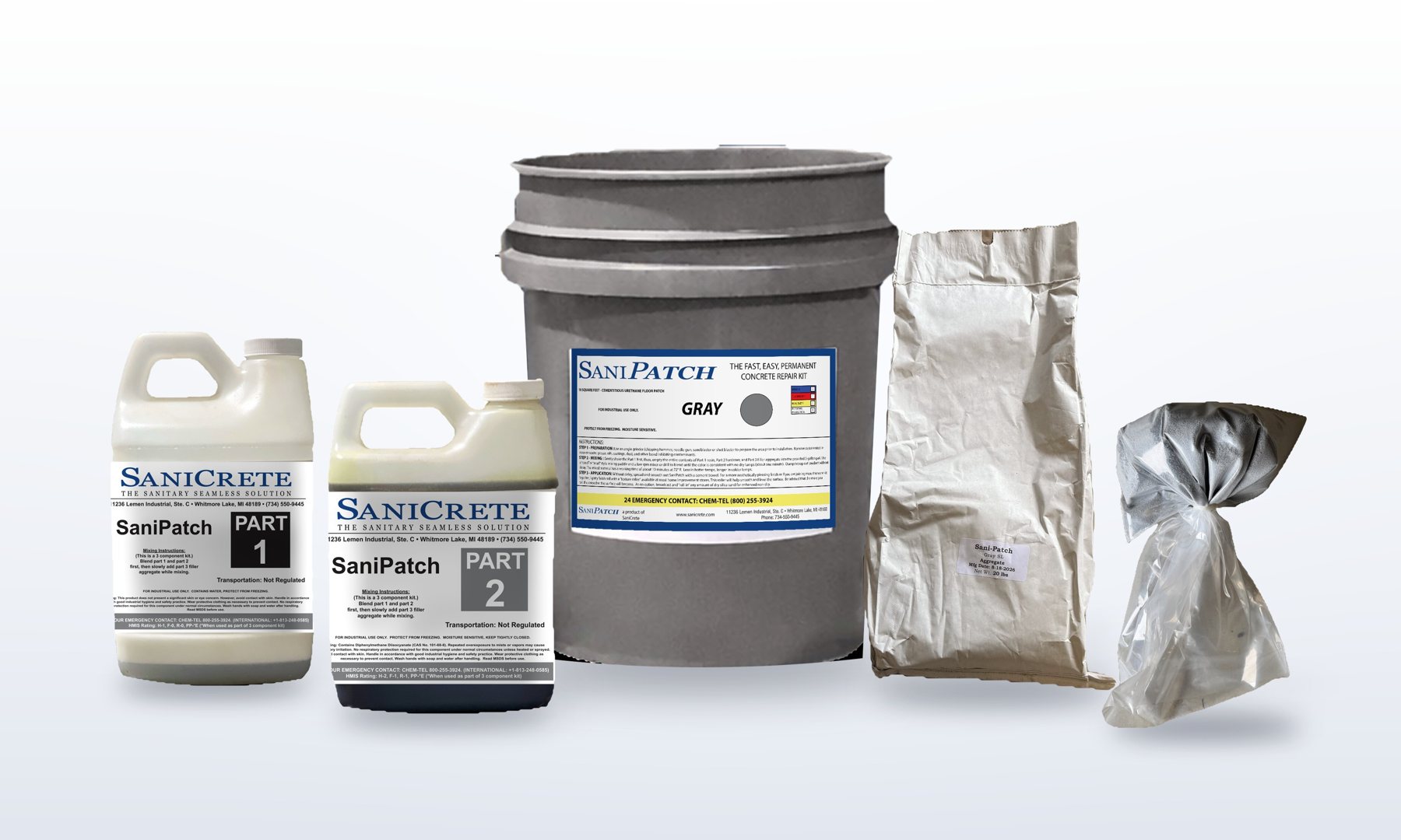 SaniPatch concrete repair kit: Part 1 resin, Part 2 hardener, Part 3 pre-tinted aggregate, quartz for broadcast, and 5-gallon mixing pail